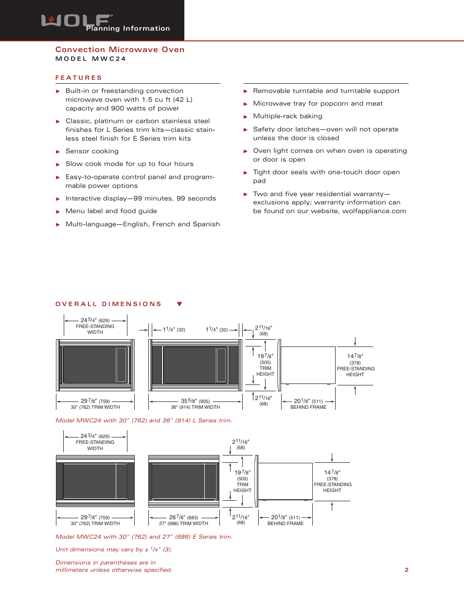 Convection microwave oven | Wolf Appliance Company MWC24 User Manual | Page 2 / 10
