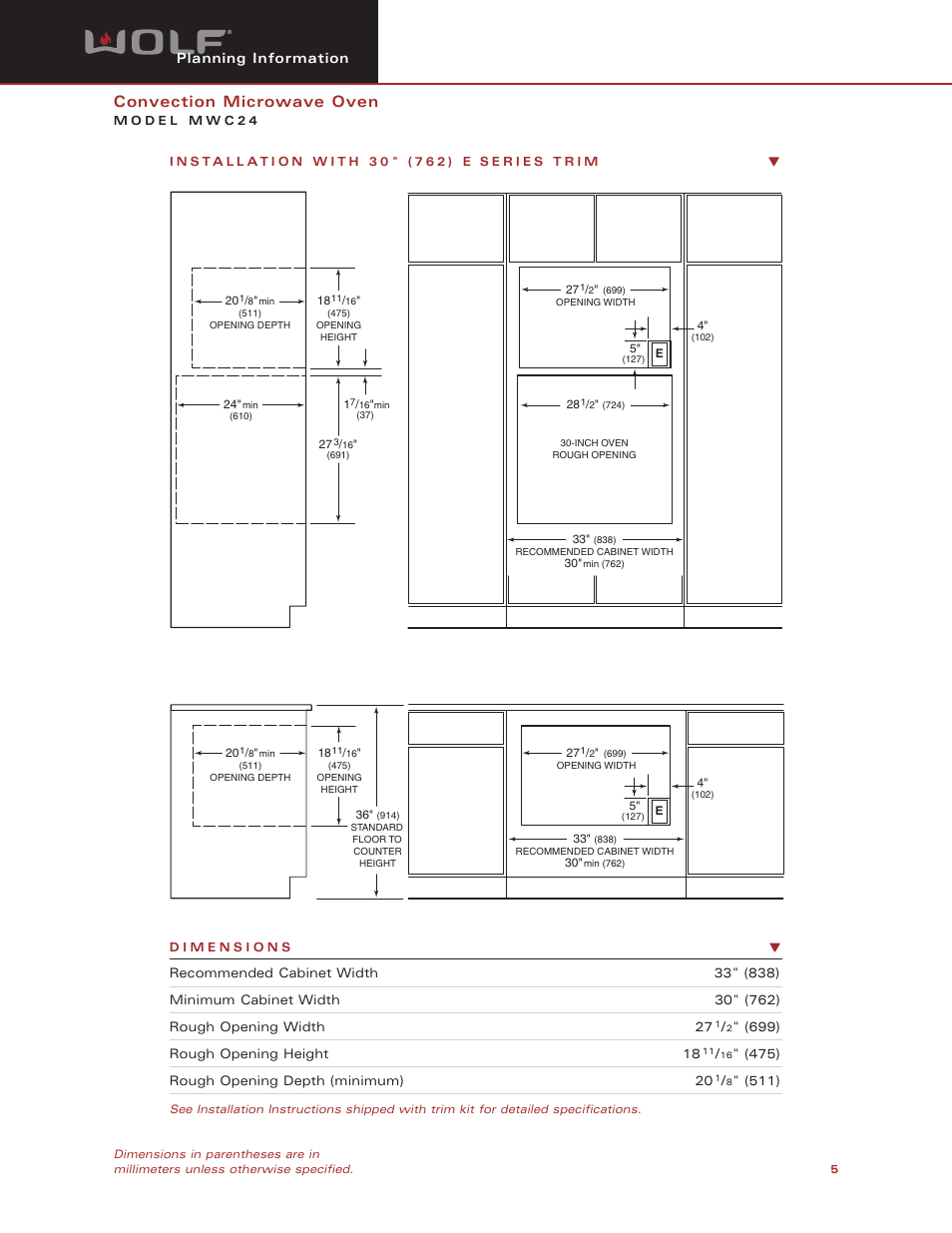 Convection microwave oven, Planning information | Wolf Appliance Company MWC24 User Manual | Page 5 / 10