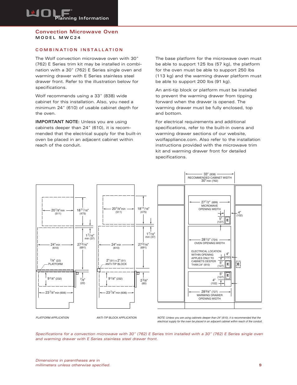 Convection microwave oven, Planning information | Wolf Appliance Company MWC24 User Manual | Page 9 / 10