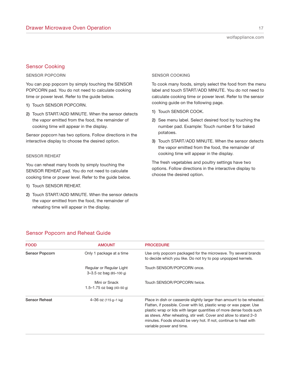 Drawer microwave oven operation, Sensor cooking, Sensor popcorn and reheat guide | Wolf Appliance Company Trim Style MWD30-2F/S User Manual | Page 17 / 28