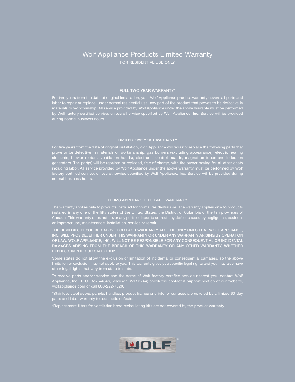 Wolf appliance products limited warranty | Wolf Appliance Company Trim Style MWD30-2F/S User Manual | Page 27 / 28