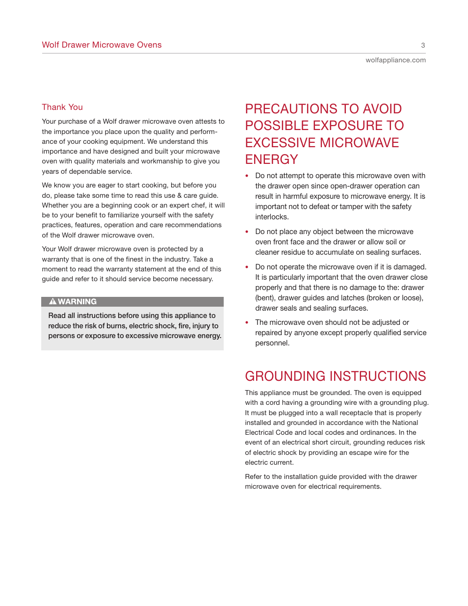 Grounding instructions | Wolf Appliance Company Trim Style MWD30-2F/S User Manual | Page 3 / 28