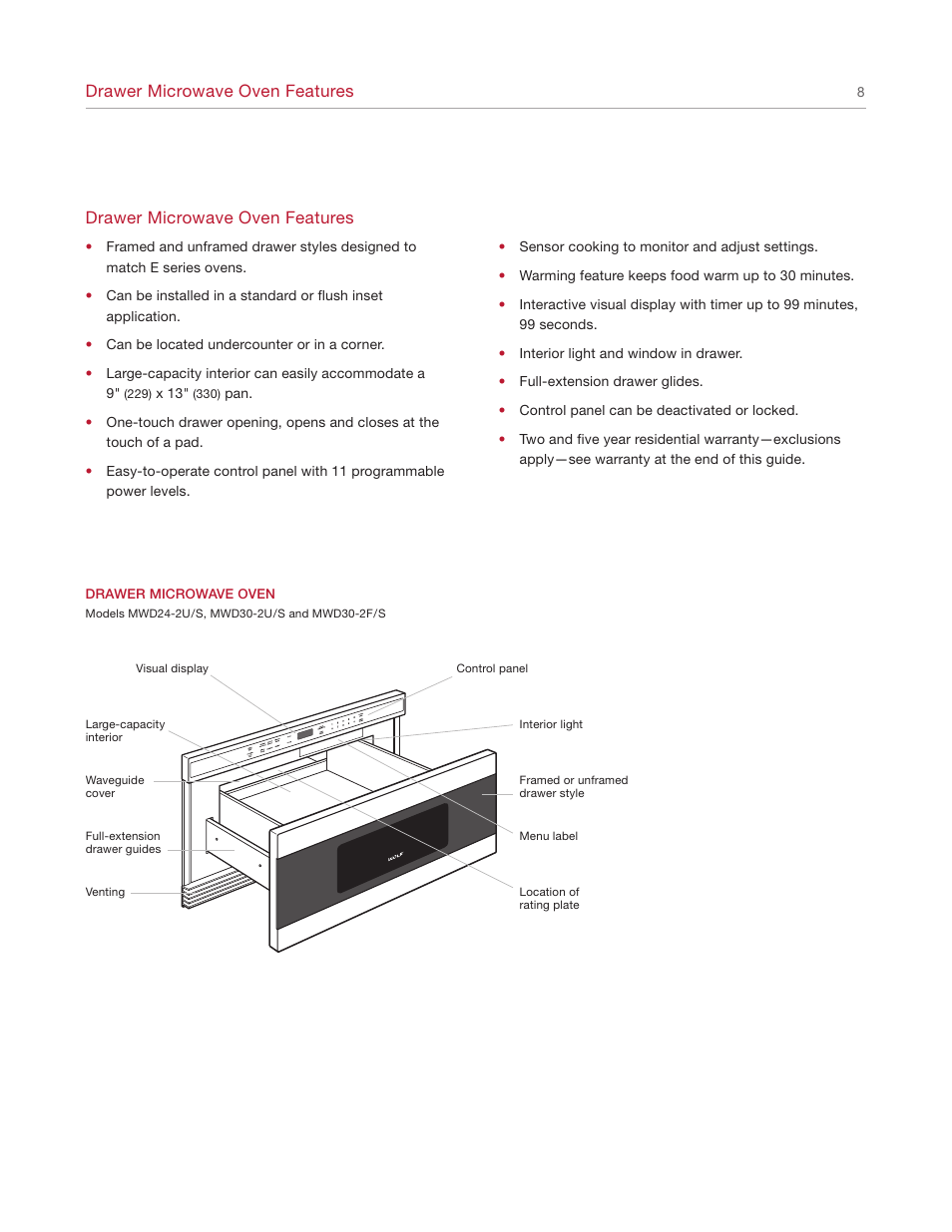 Drawer microwave oven features | Wolf Appliance Company Trim Style MWD30-2F/S User Manual | Page 8 / 28