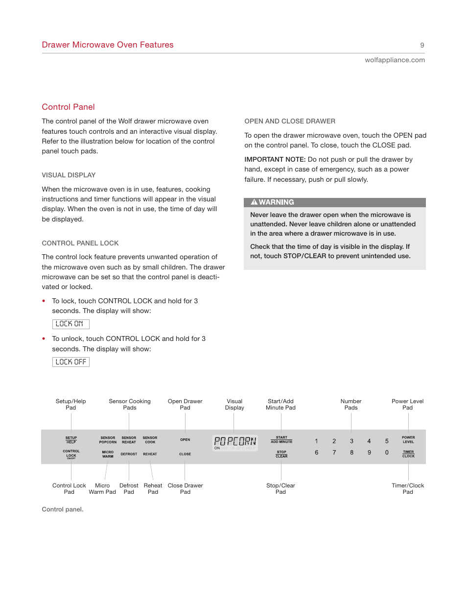 Drawer microwave oven features, Control panel | Wolf Appliance Company Trim Style MWD30-2F/S User Manual | Page 9 / 28