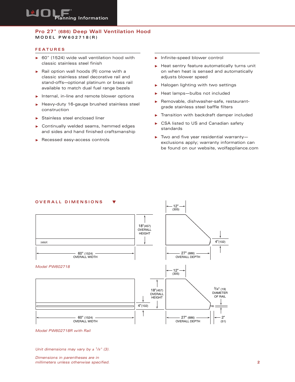 Pro 27, Deep wall ventilation hood | Wolf Appliance Company PW602718 User Manual | Page 2 / 8