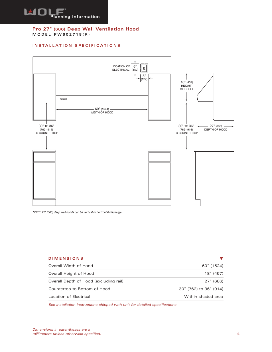 Pro 27, Deep wall ventilation hood | Wolf Appliance Company PW602718 User Manual | Page 4 / 8