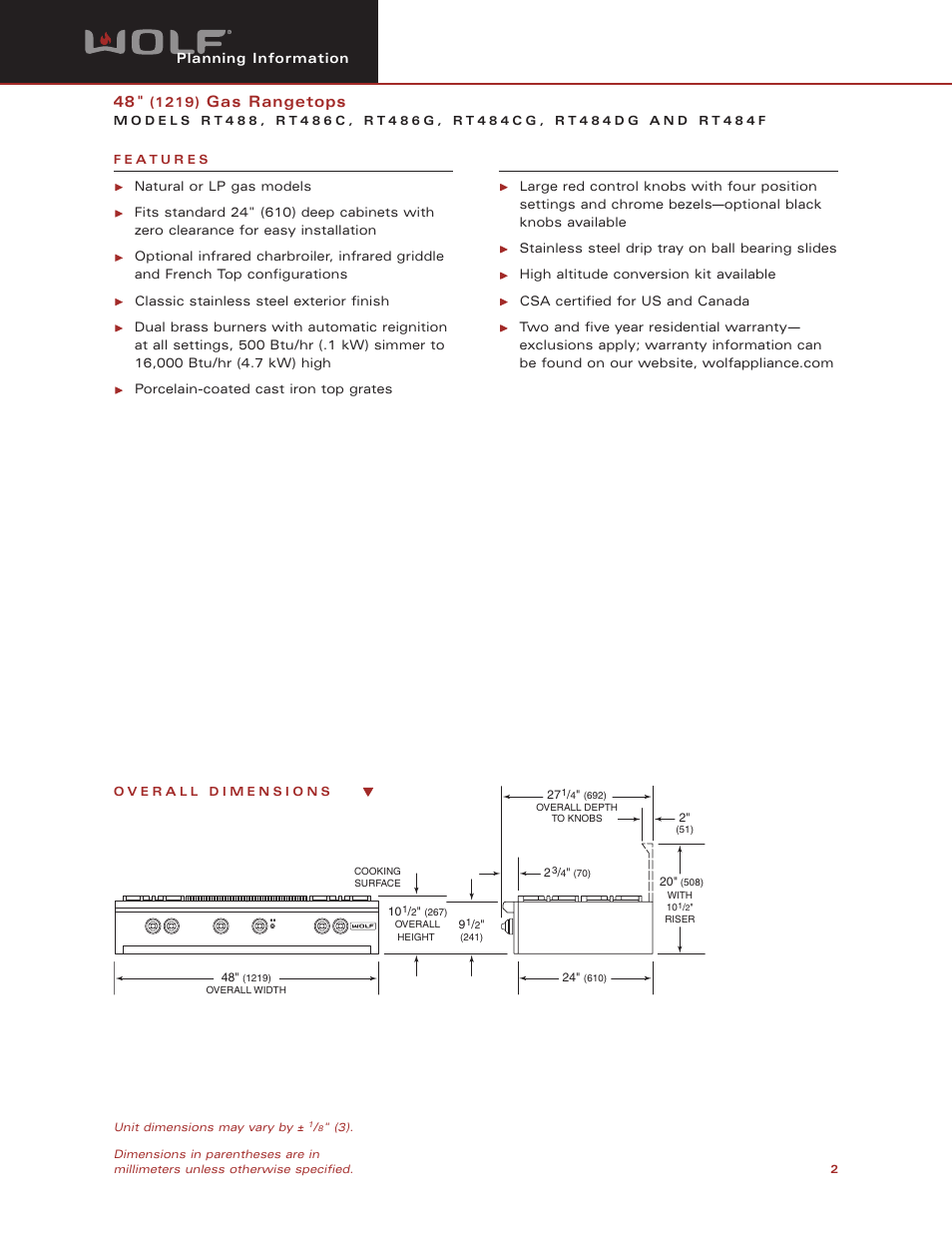 Gas rangetops | Wolf Appliance Company RT486C User Manual | Page 2 / 5