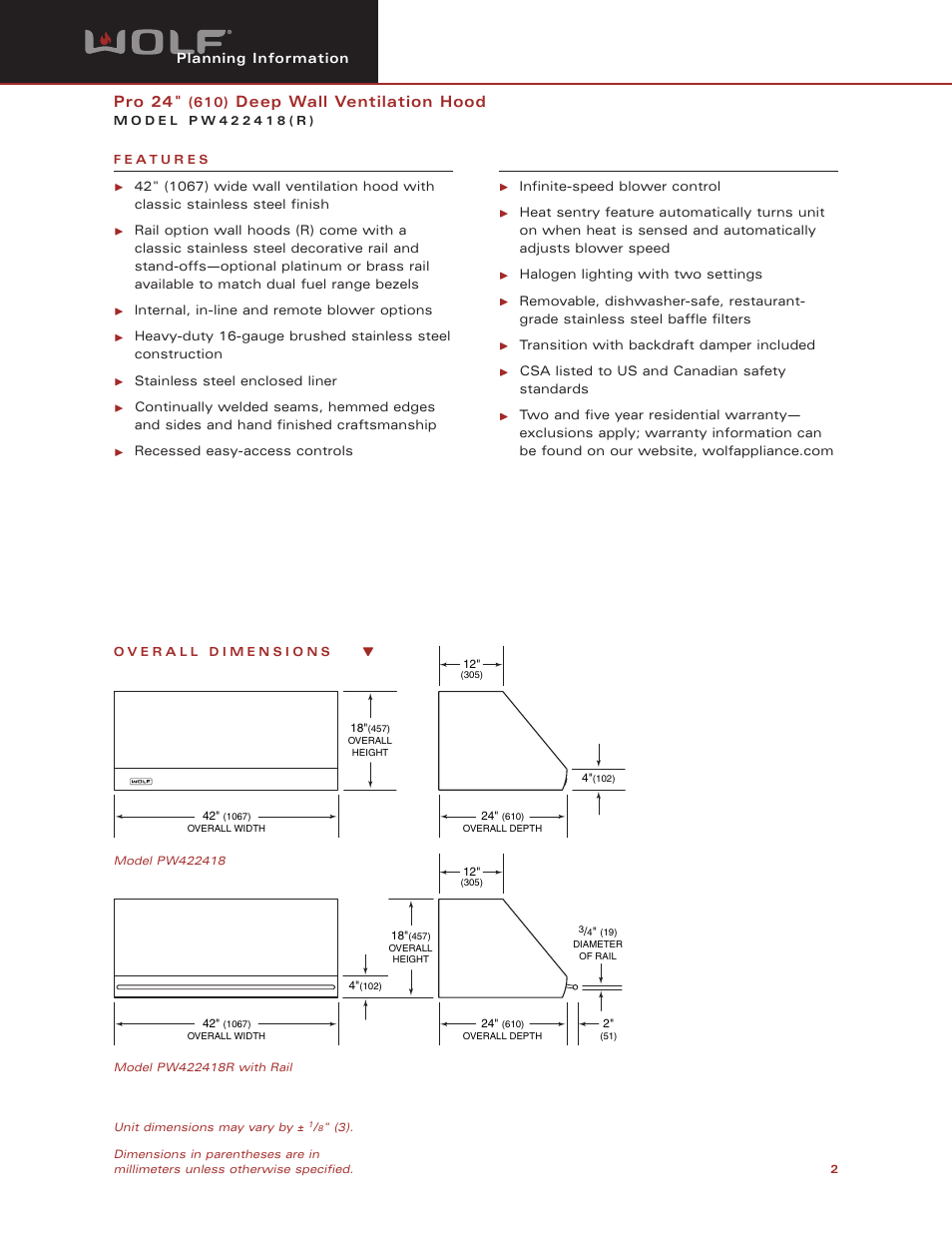 Pro 24, Deep wall ventilation hood | Wolf Appliance Company PW422418R User Manual | Page 2 / 8
