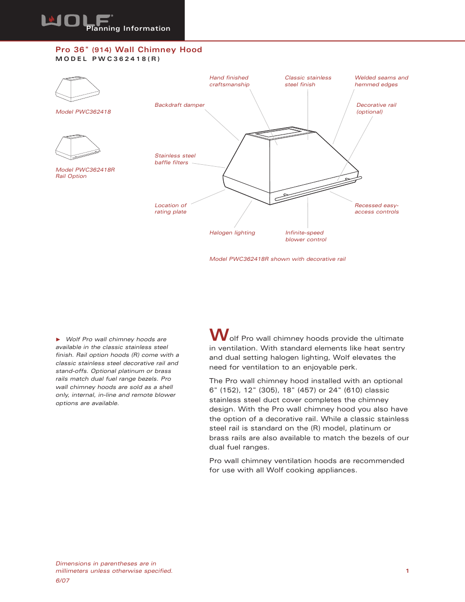 Wolf Appliance Company Pro 36" (914) Wall Chimney Hood PWC362418 User Manual | 8 pages