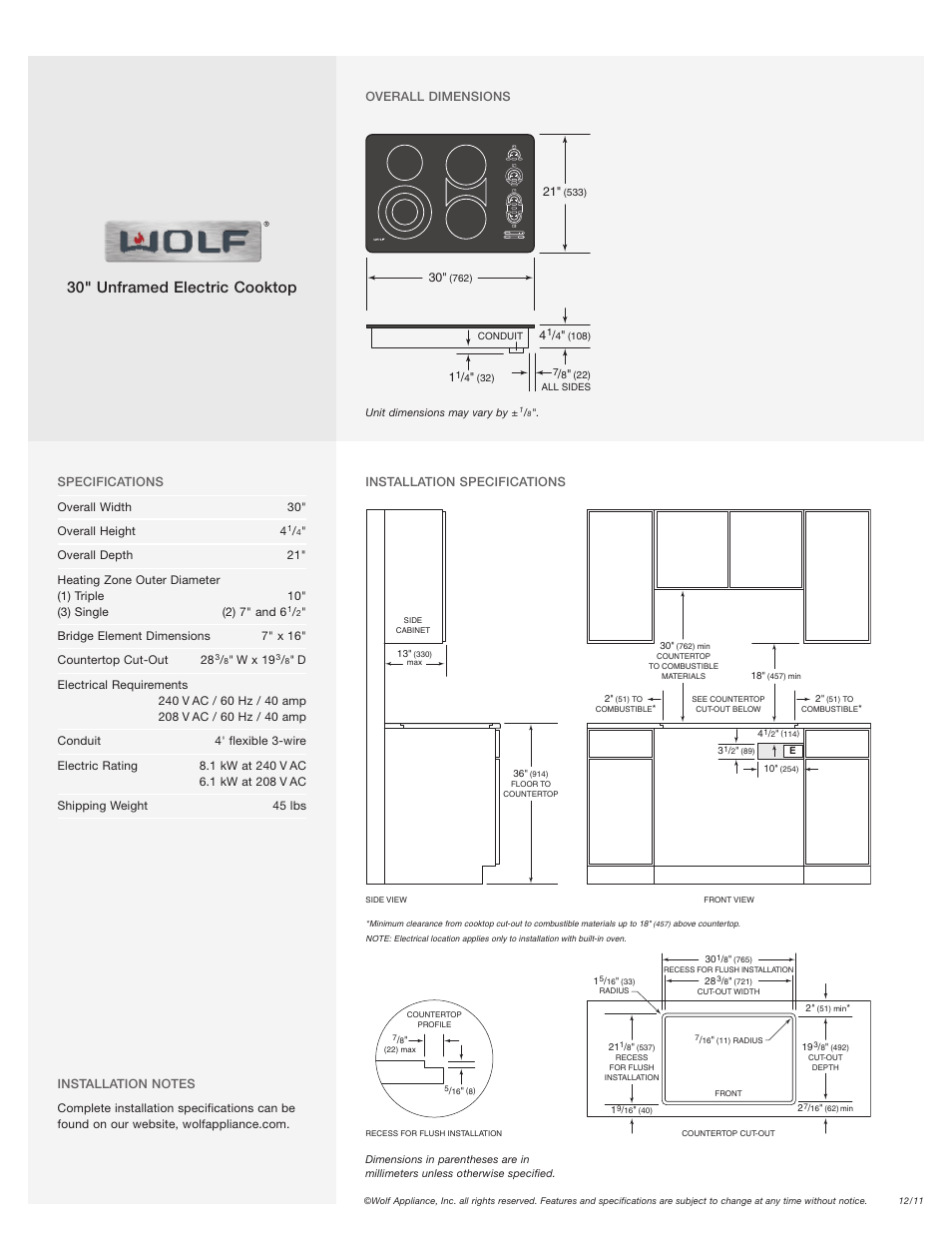 30" unframed electric cooktop | Wolf Appliance Company CT30EU User Manual | Page 2 / 2
