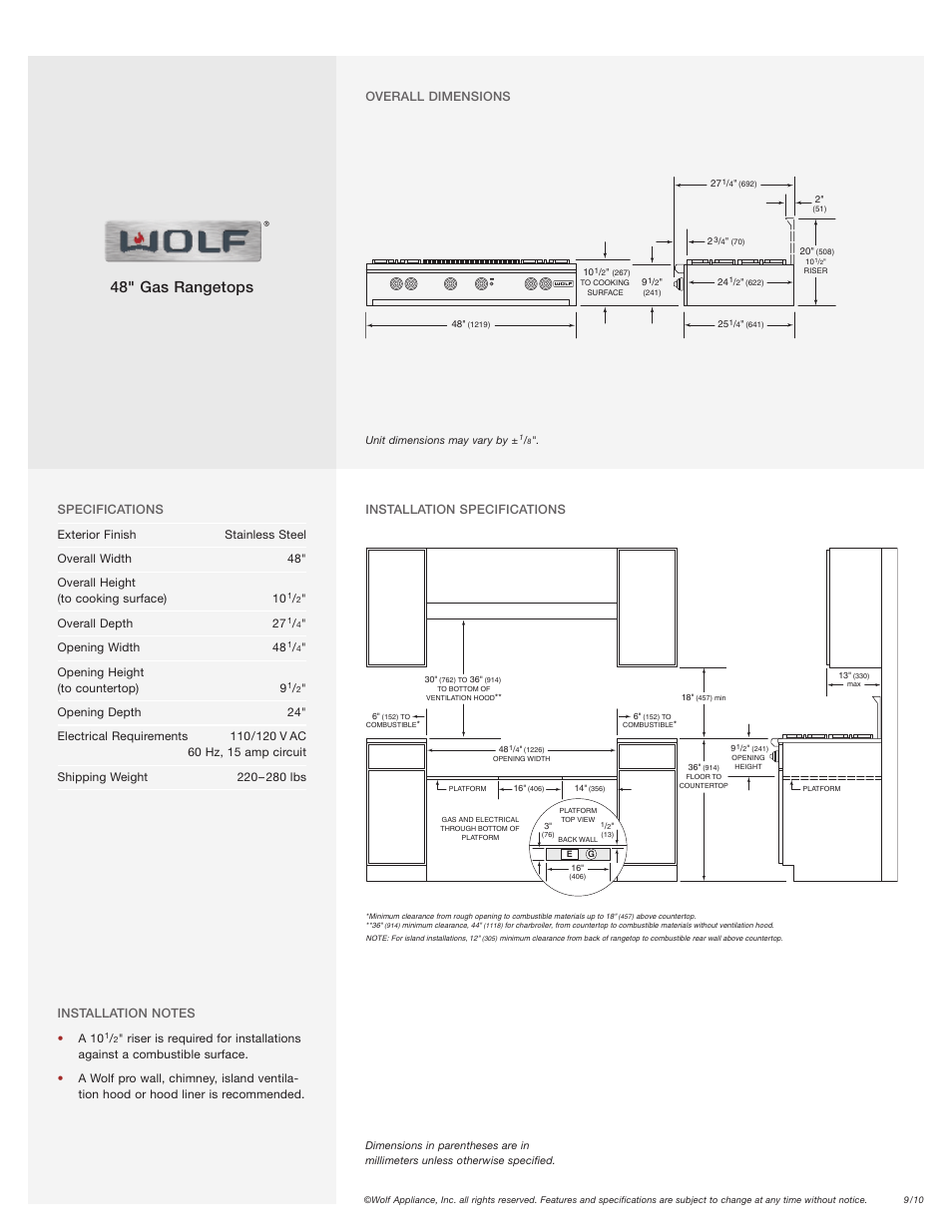 48" gas rangetops | Wolf Appliance Company RT488 User Manual | Page 2 / 2