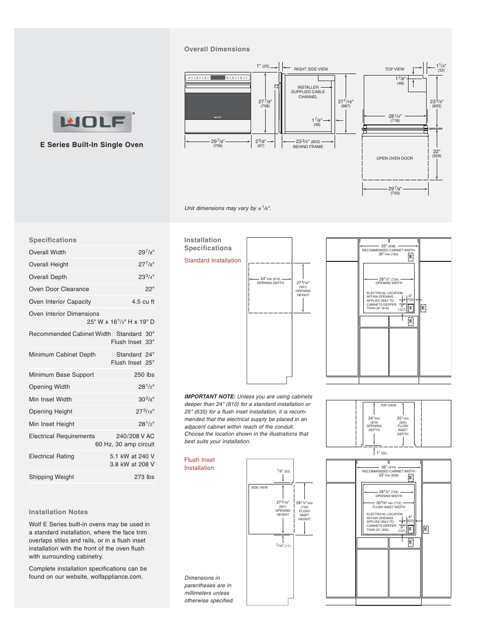 E series built-in single oven, Specifications, Installation specifications | Overall dimensions, Overall width 29, Overall height 27, Overall depth 23, Min inset width 30, Opening height 27, Min inset height 28 | Wolf Appliance Company SO30-2F/S User Manual | Page 2 / 2