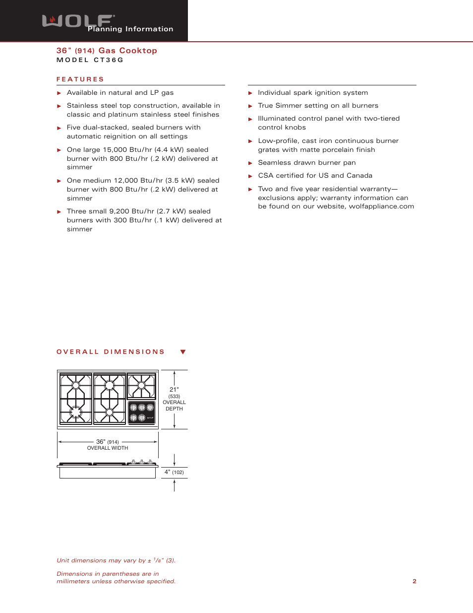 Wolf Appliance Company CT36G User Manual | Page 2 / 7