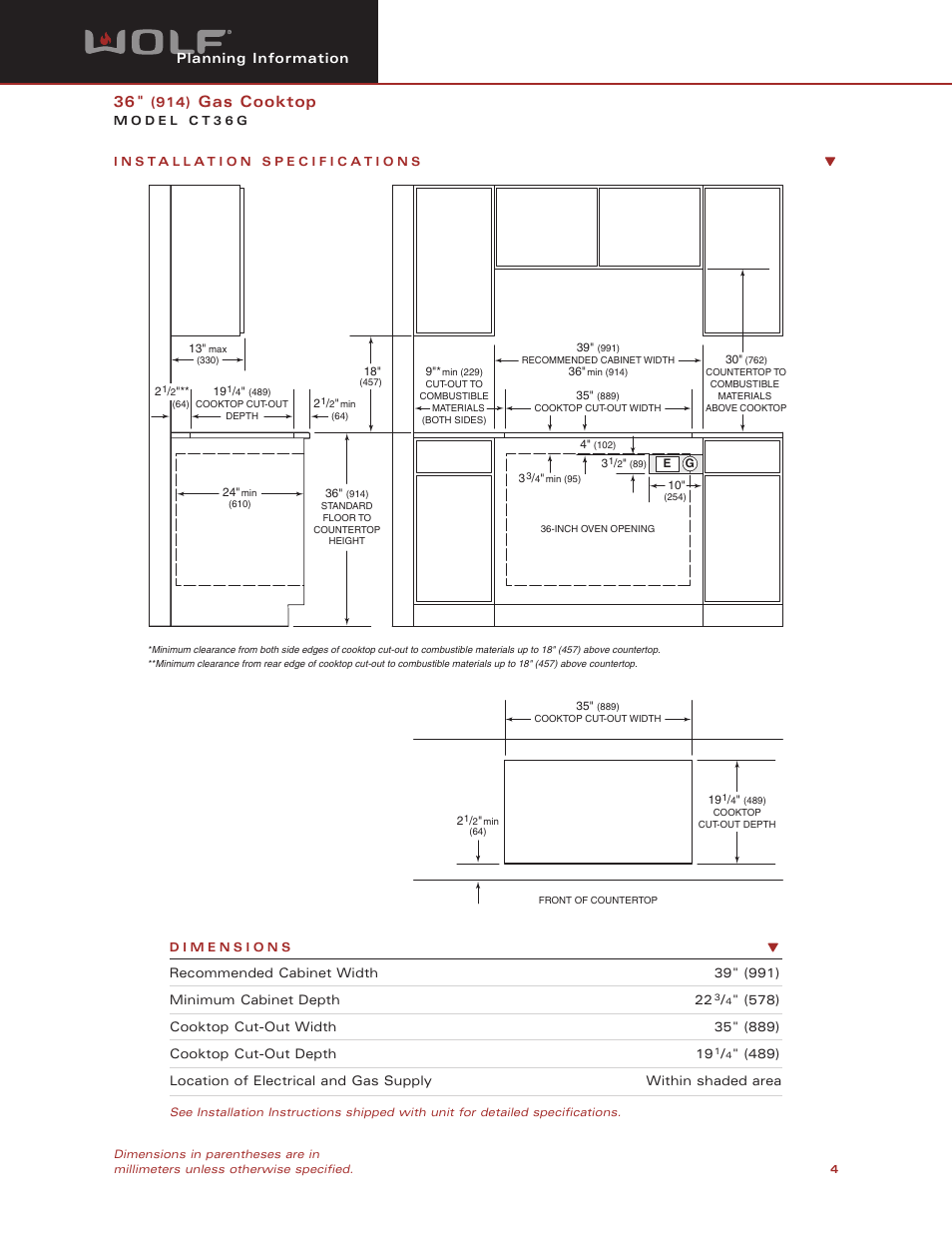 Gas cooktop, Planning information | Wolf Appliance Company CT36G User Manual | Page 4 / 7