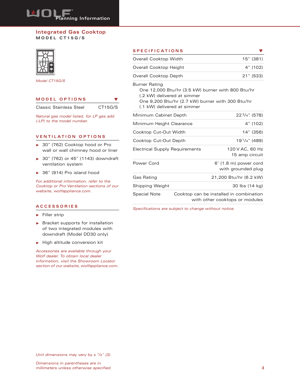 Wolf Appliance Company CT15G/S User Manual | Page 3 / 6