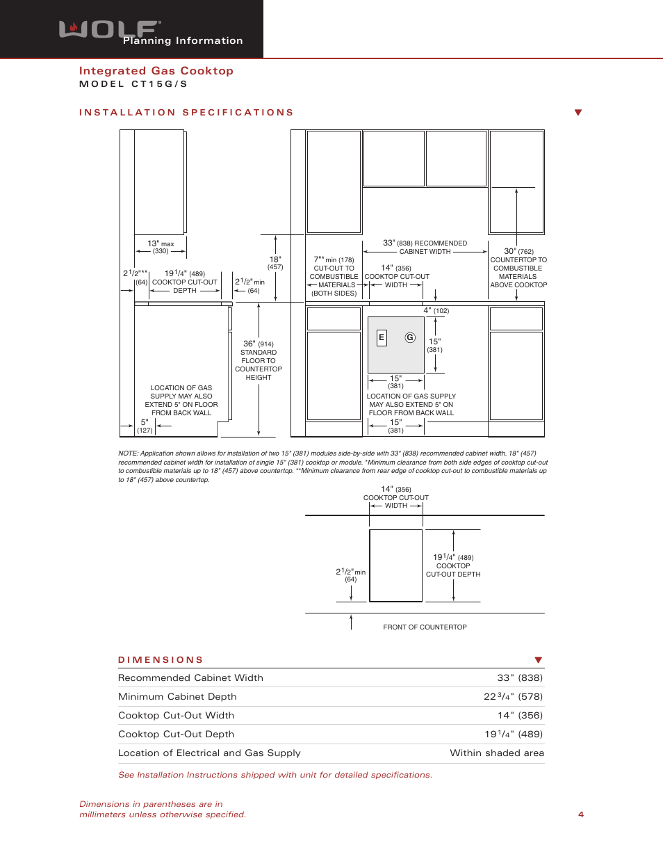 Integrated gas cooktop, Planning information | Wolf Appliance Company CT15G/S User Manual | Page 4 / 6