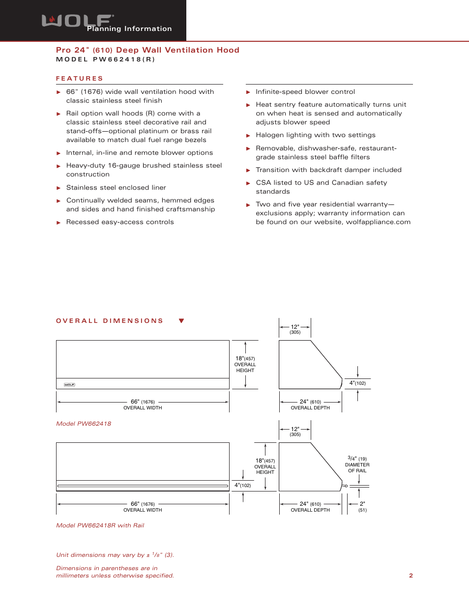 Pro 24, Deep wall ventilation hood | Wolf Appliance Company PW662418 User Manual | Page 2 / 8
