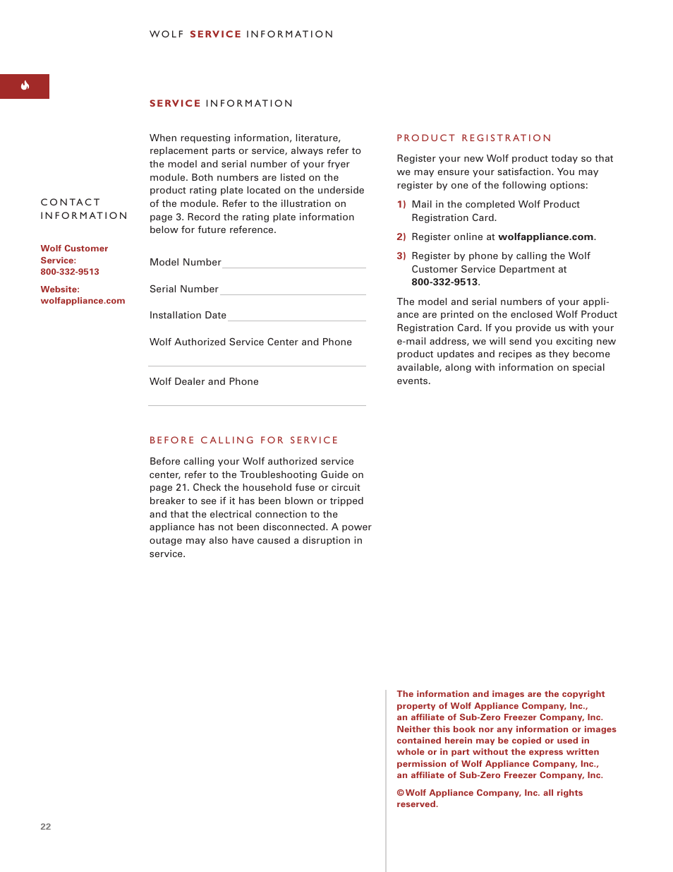 Wolf Appliance Company WOLF FRYER MODULE User Manual | Page 22 / 24