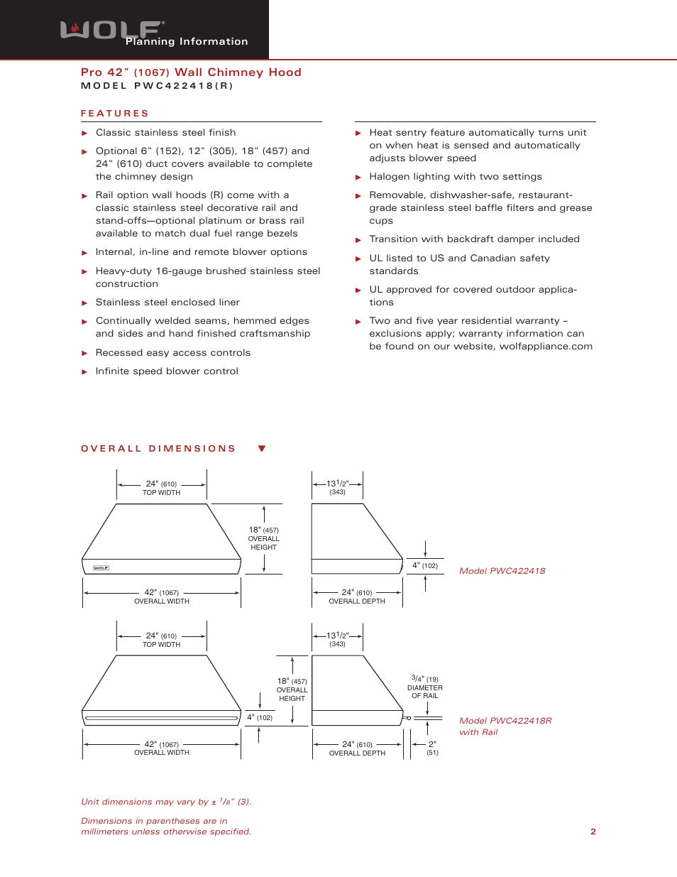 Pro 42, Wall chimney hood | Wolf Appliance Company PWC422418(R) User Manual | Page 2 / 8