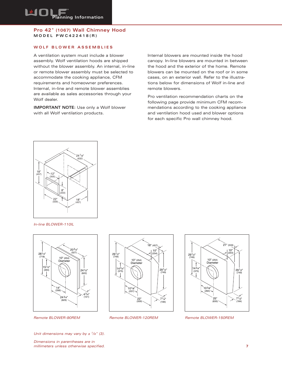 Pro 42, Wall chimney hood, Planning information | Wolf Appliance Company PWC422418(R) User Manual | Page 7 / 8