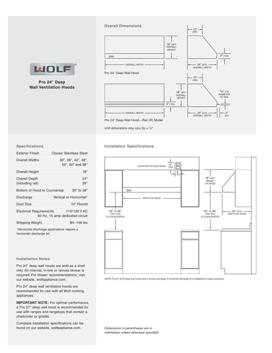 Pro 24" deep wall ventilation hoods, Specifications, Installation specifications | Overall dimensions | Wolf Appliance Company PW482418 User Manual | Page 2 / 2