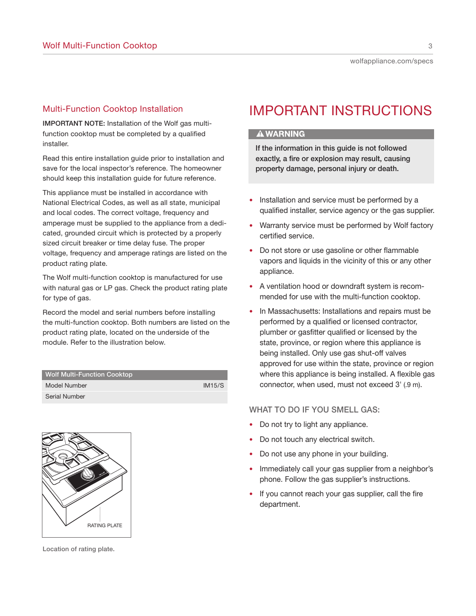 Important instructions | Wolf Appliance Company IM15 User Manual | Page 3 / 16