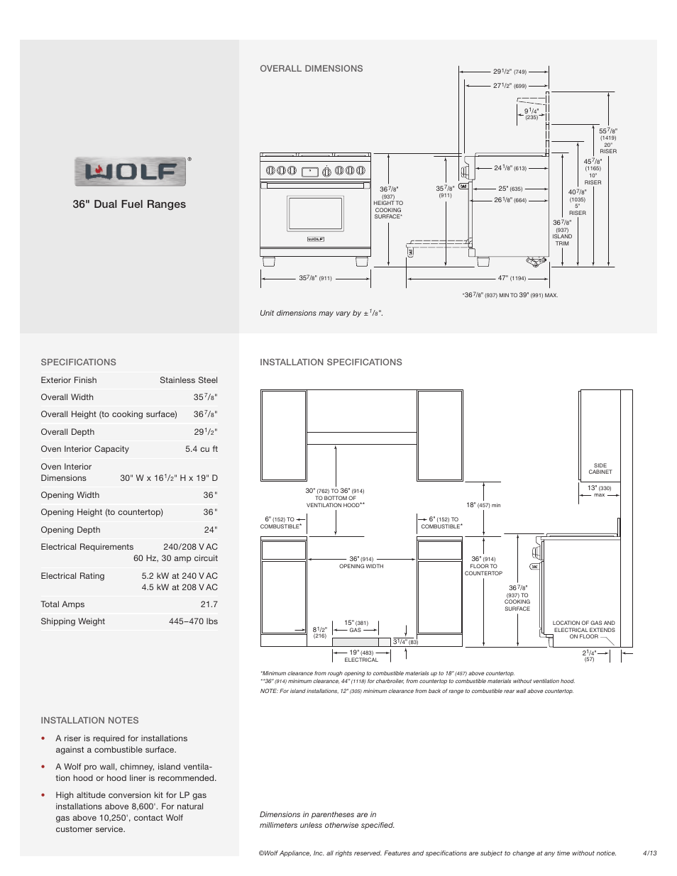 36" dual fuel ranges | Wolf Appliance Company W362210R User Manual | Page 2 / 2