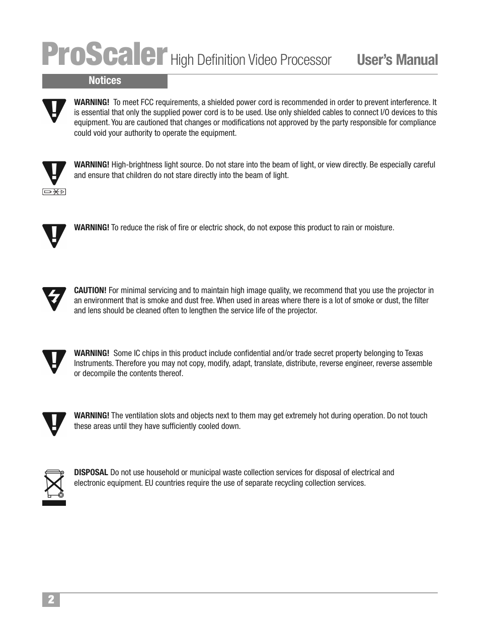 Proscaler, High definition video processor user’s manual | Wolf Appliance Company High Definition Video Processor DCL-200FD User Manual | Page 3 / 57