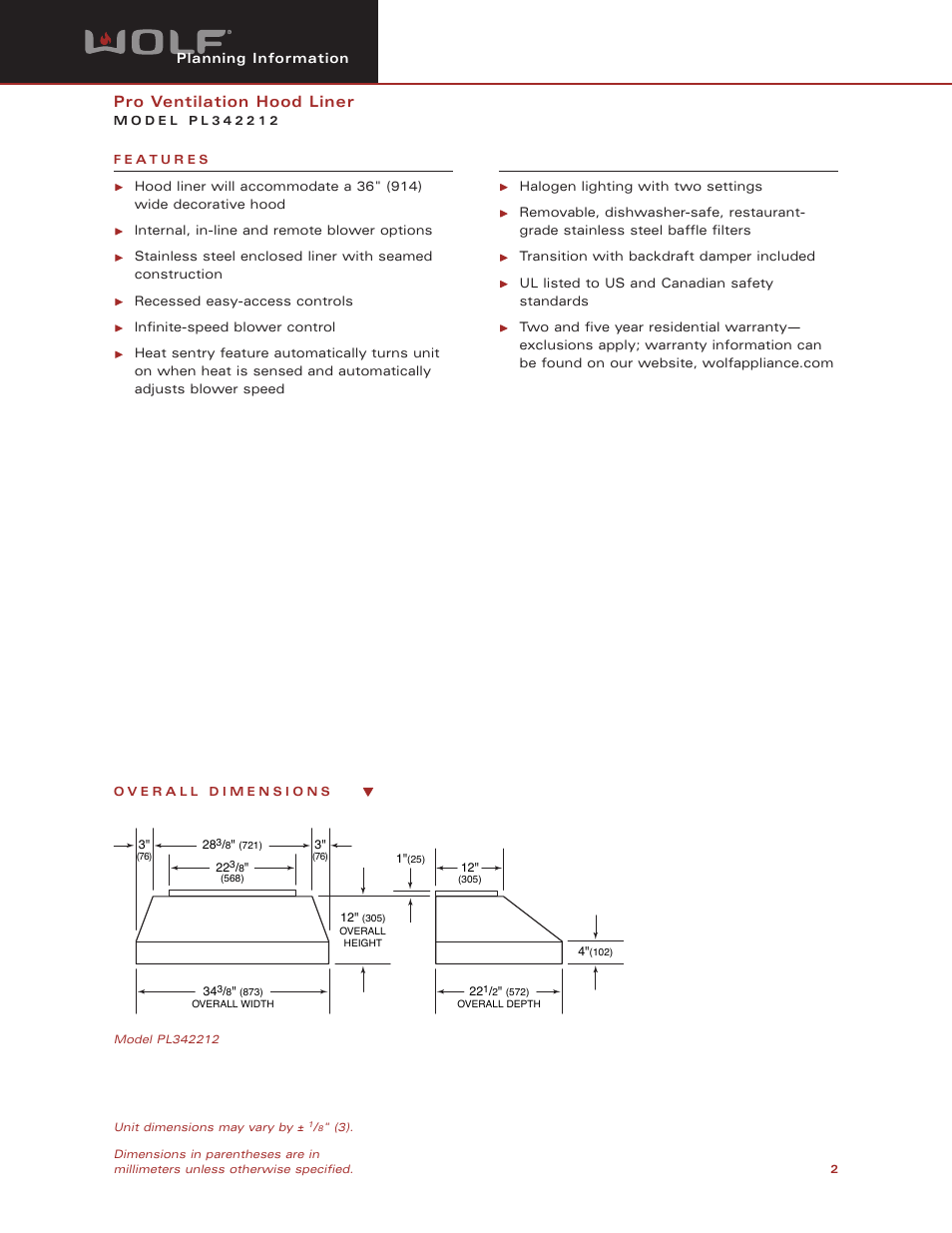 Pro ventilation hood liner | Wolf Appliance Company PL342212 User Manual | Page 2 / 8