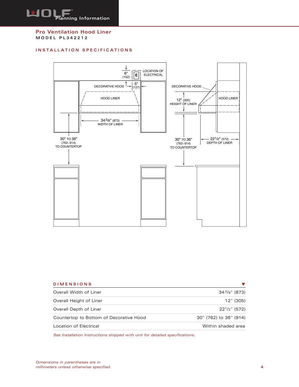 Pro ventilation hood liner | Wolf Appliance Company PL342212 User Manual | Page 4 / 8