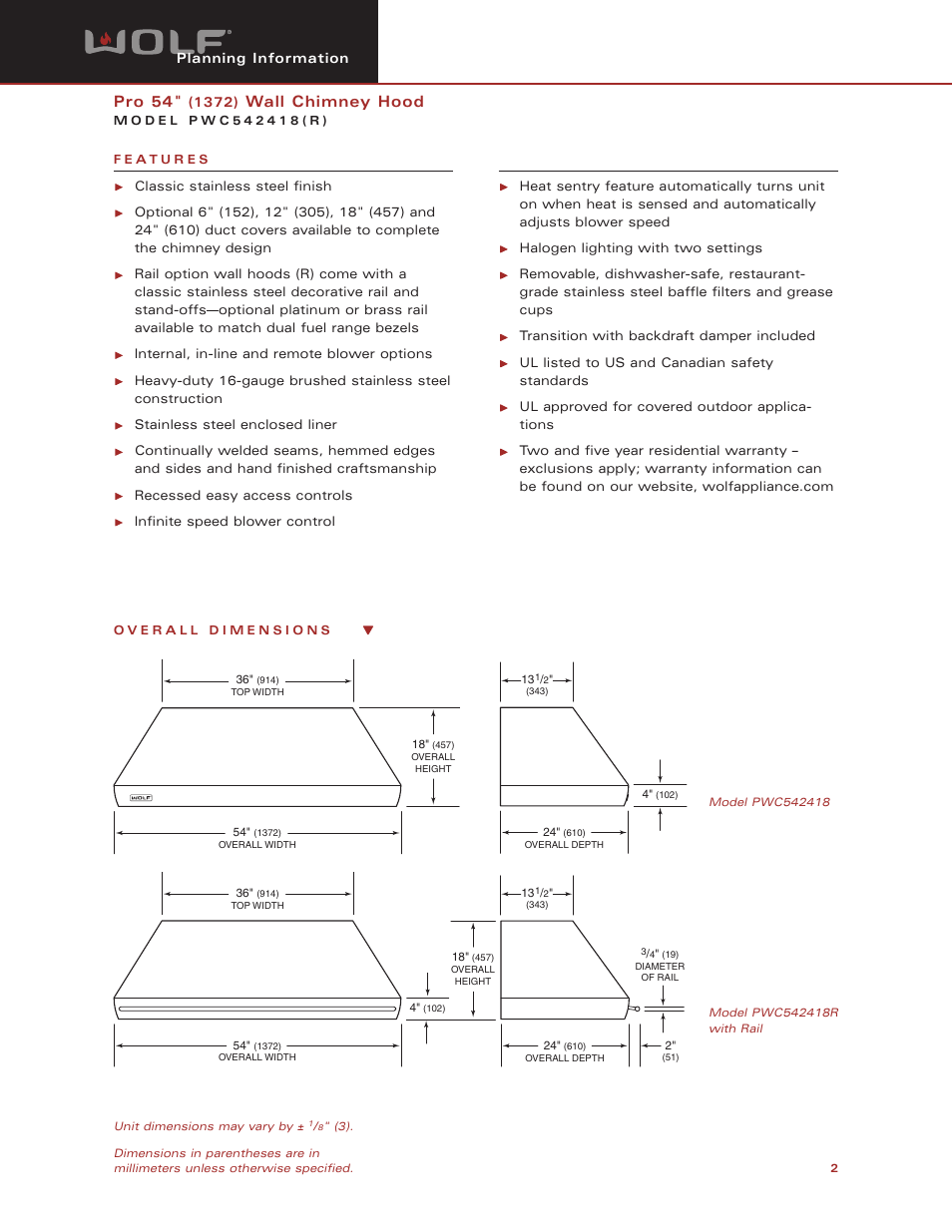 Pro 54, Wall chimney hood | Wolf Appliance Company PWC542418R User Manual | Page 2 / 8