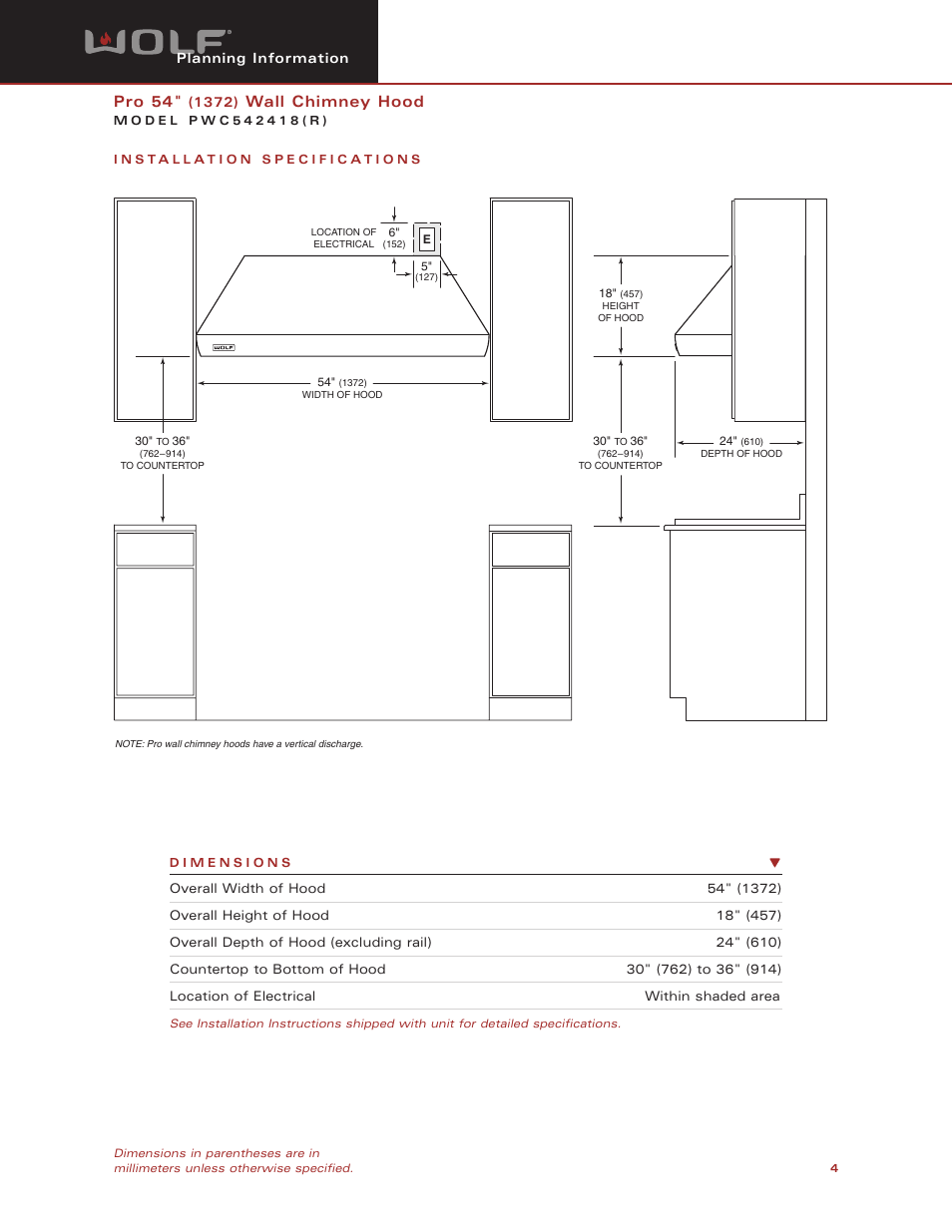 Pro 54, Wall chimney hood | Wolf Appliance Company PWC542418R User Manual | Page 4 / 8