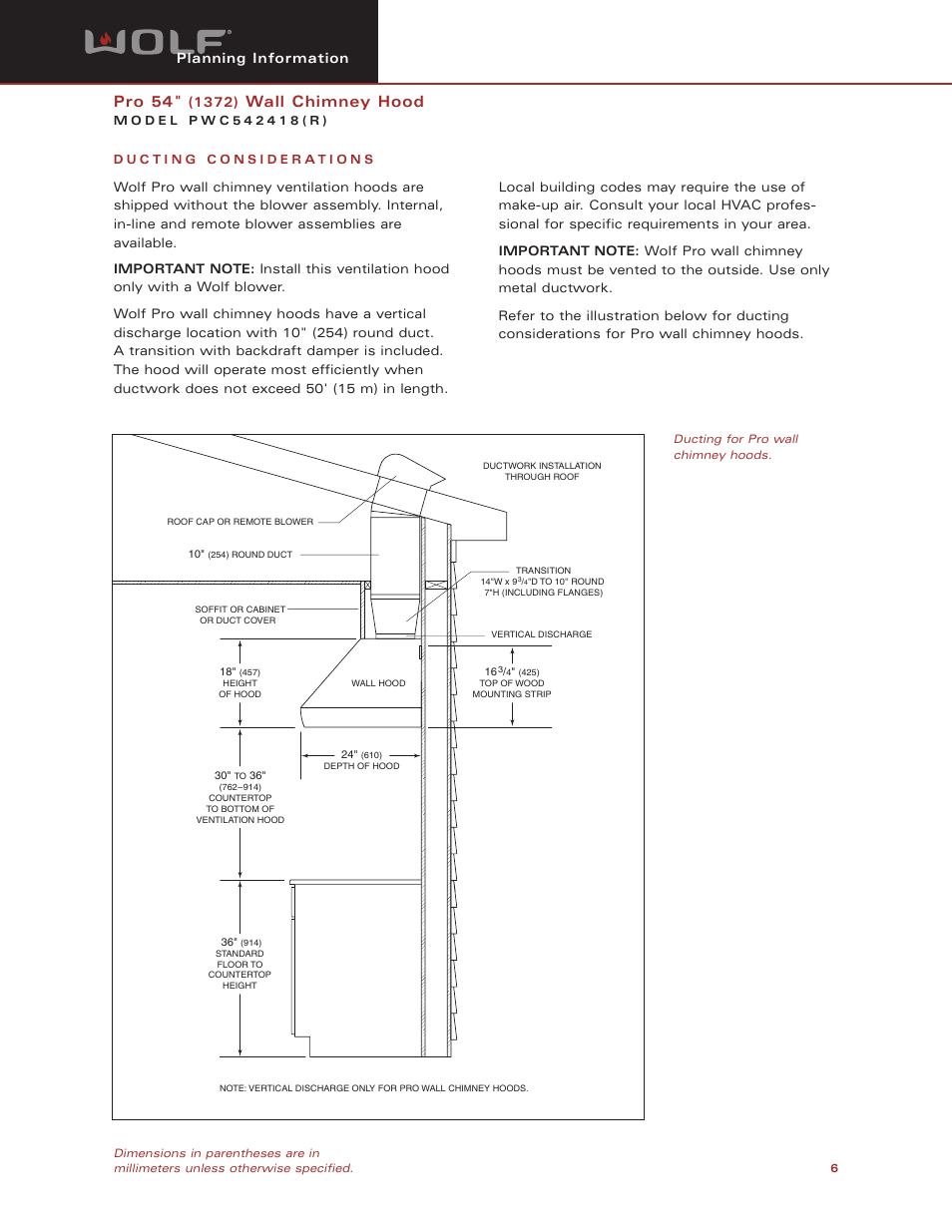 Pro 54, Wall chimney hood, Planning information | Wolf Appliance Company PWC542418R User Manual | Page 6 / 8