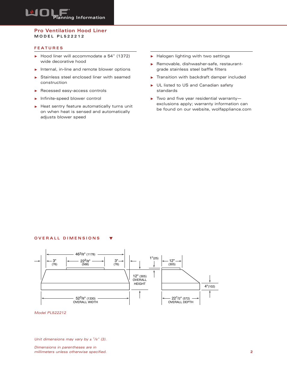 Pro ventilation hood liner | Wolf Appliance Company PL522212 User Manual | Page 2 / 8