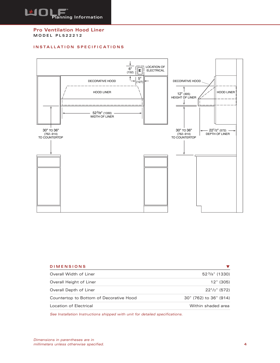 Pro ventilation hood liner | Wolf Appliance Company PL522212 User Manual | Page 4 / 8