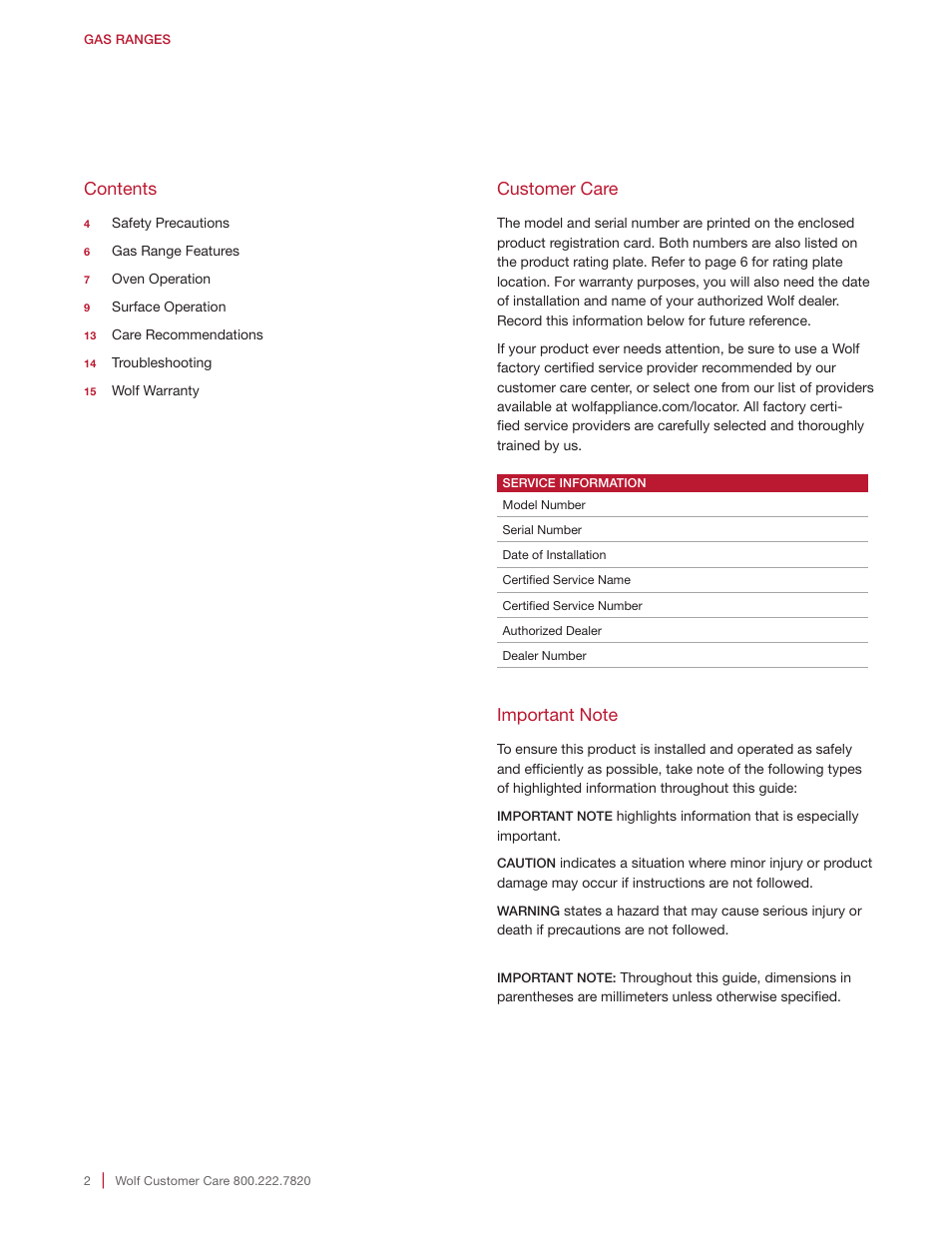 Wolf Appliance Company Range User Manual | Page 2 / 16