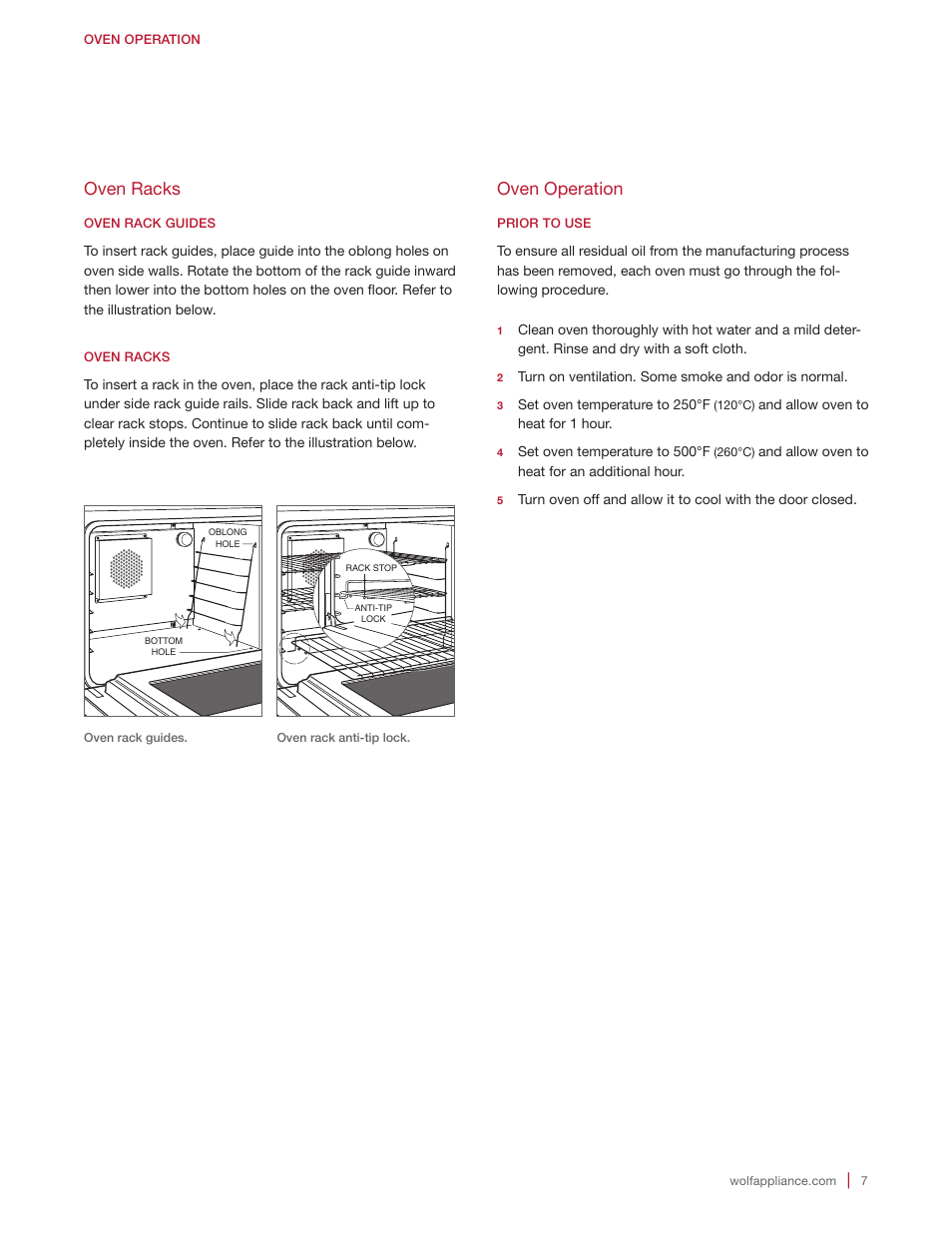 Oven racks, Oven operation | Wolf Appliance Company Range User Manual | Page 7 / 16