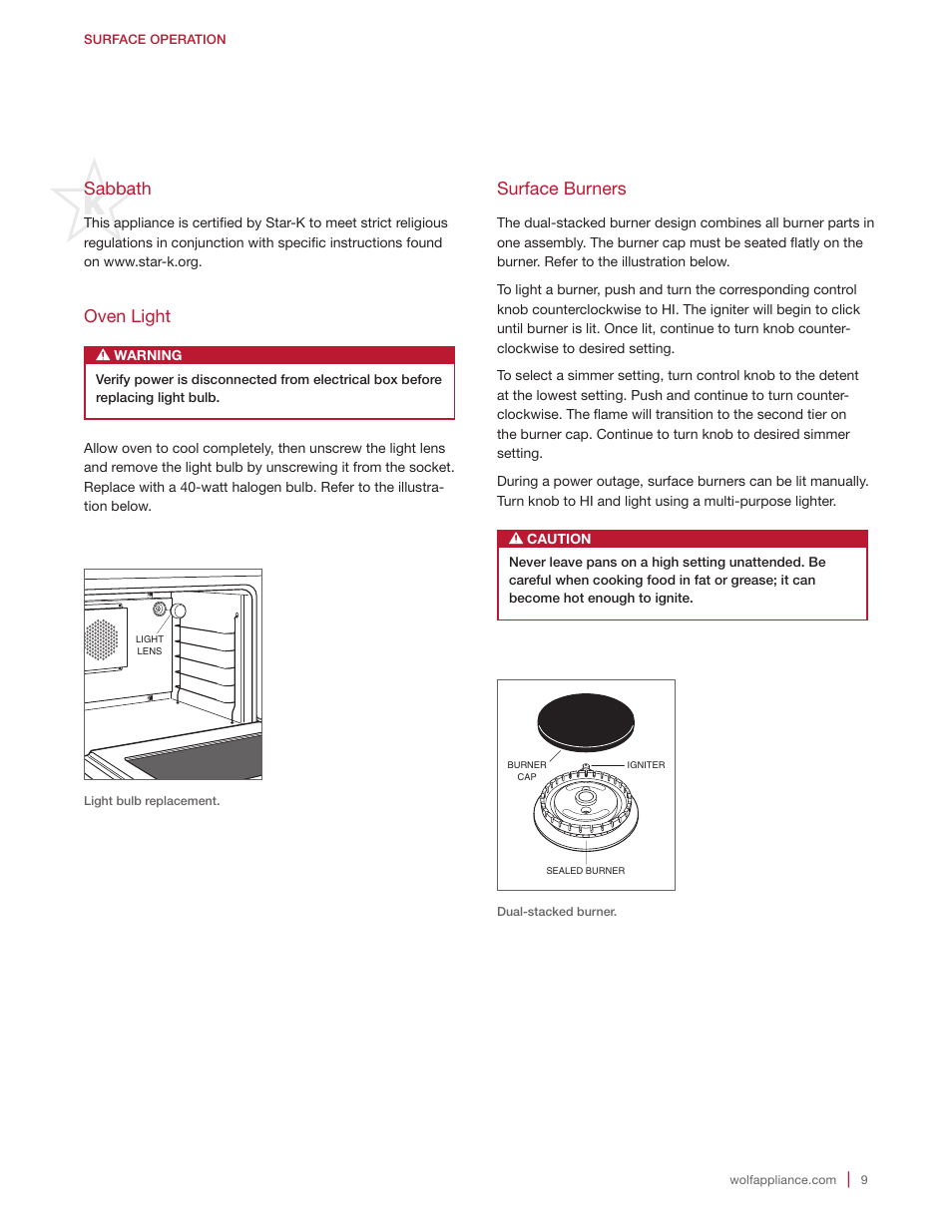 Sabbath, Oven light, Surface burners | Wolf Appliance Company Range User Manual | Page 9 / 16