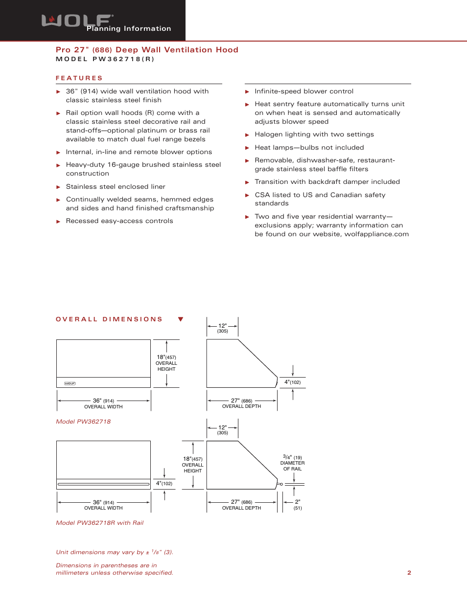 Pro 27, Deep wall ventilation hood | Wolf Appliance Company PW362718R User Manual | Page 2 / 8