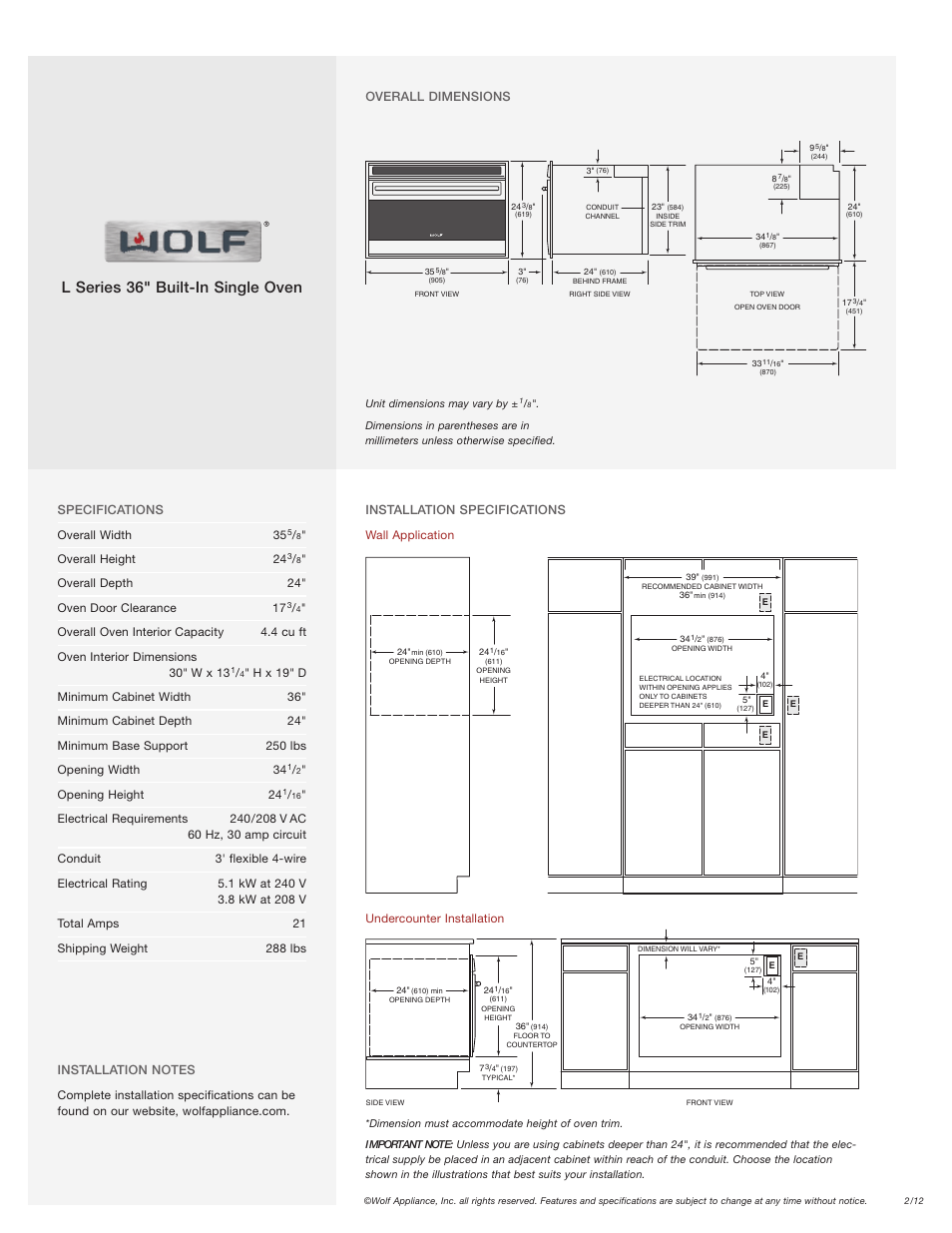 L series 36" built-in single oven | Wolf Appliance Company SO36U User Manual | Page 2 / 2