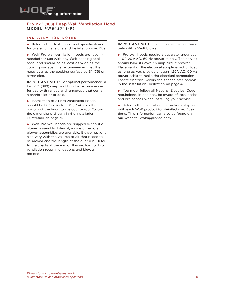 Wolf Appliance Company PW542718R User Manual | Page 5 / 8