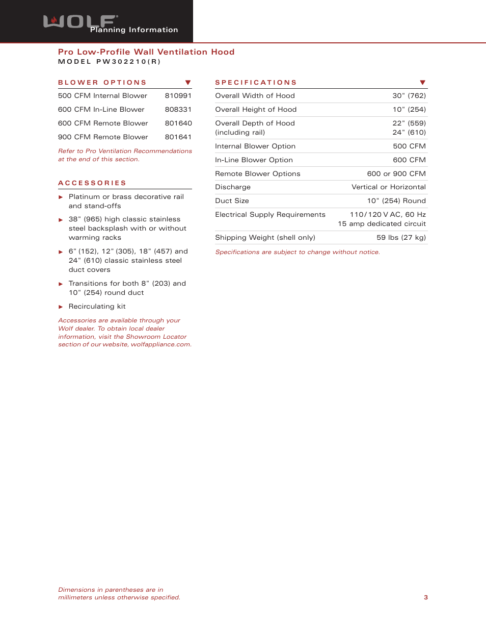 Wolf Appliance Company PW302210R User Manual | Page 3 / 8
