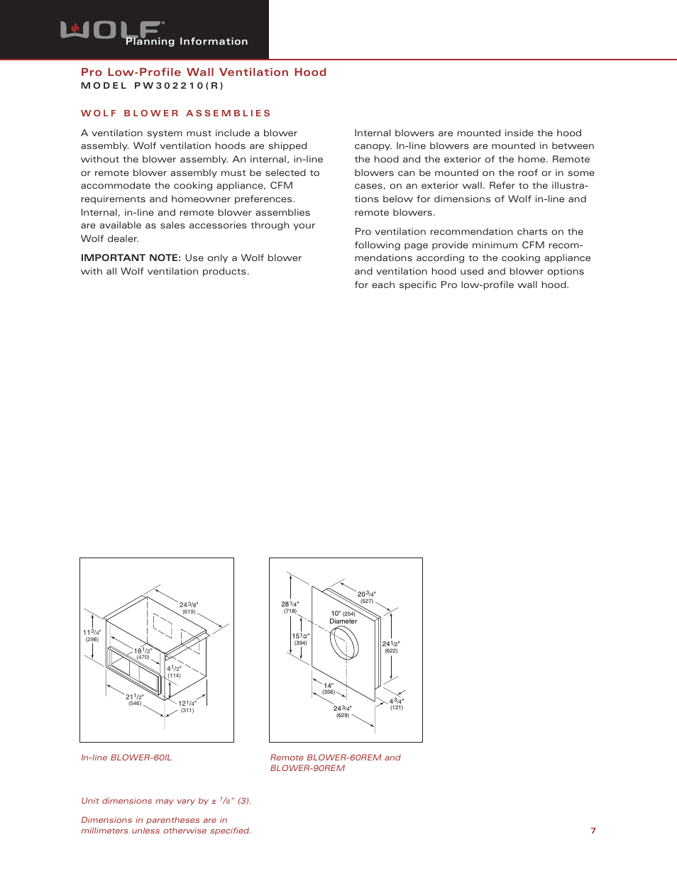 Pro low-profile wall ventilation hood, Planning information | Wolf Appliance Company PW302210R User Manual | Page 7 / 8