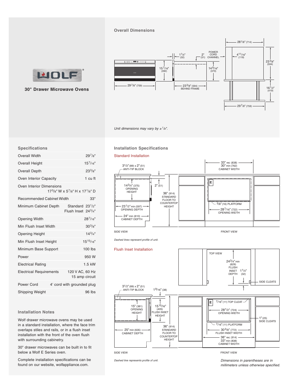 30" drawer microwave ovens, Specifications, Installation specifications | Overall dimensions | Wolf Appliance Company Trim Style MWD30-2U/S User Manual | Page 2 / 2