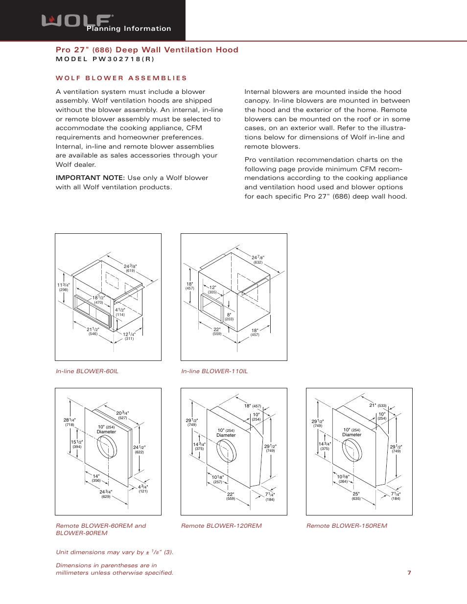 Pro 27, Deep wall ventilation hood, Planning information | Wolf Appliance Company PW302718(R) User Manual | Page 7 / 8