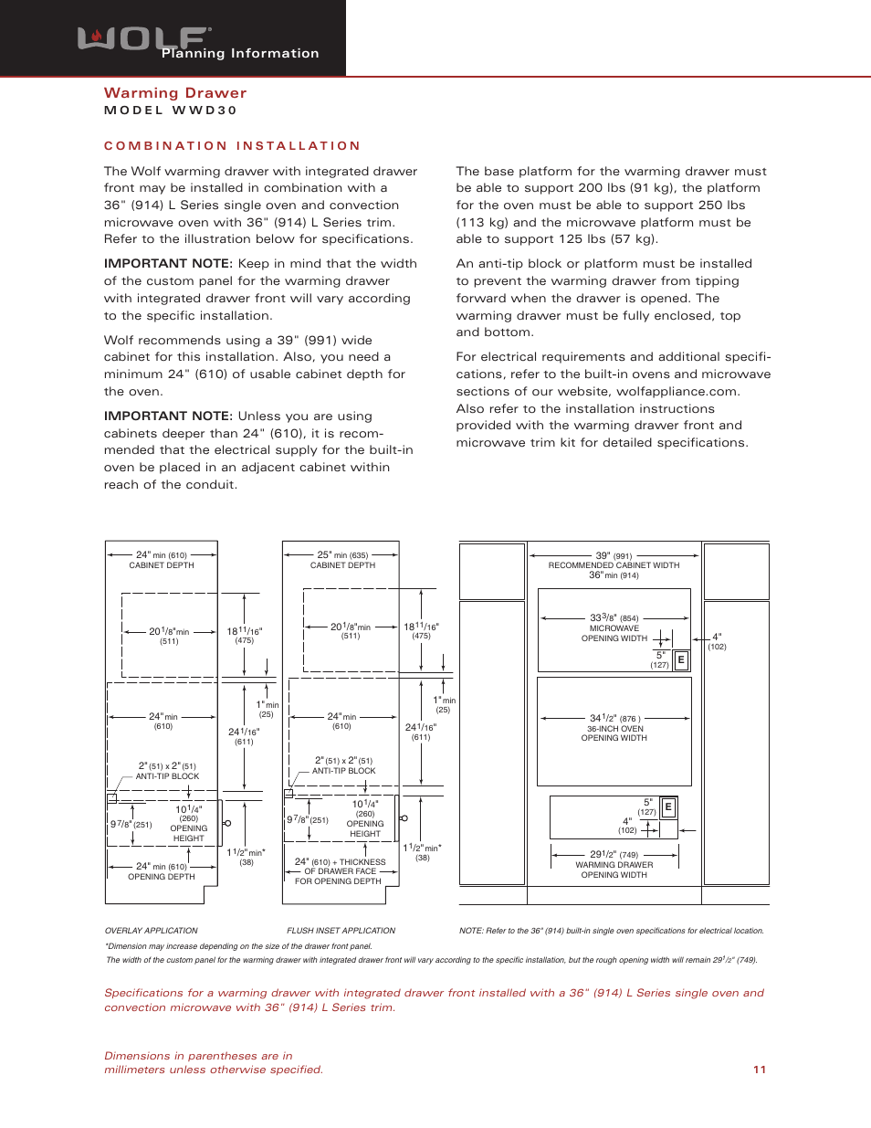 Warming drawer, Planning information | Wolf Appliance Company WWD30 User Manual | Page 11 / 11