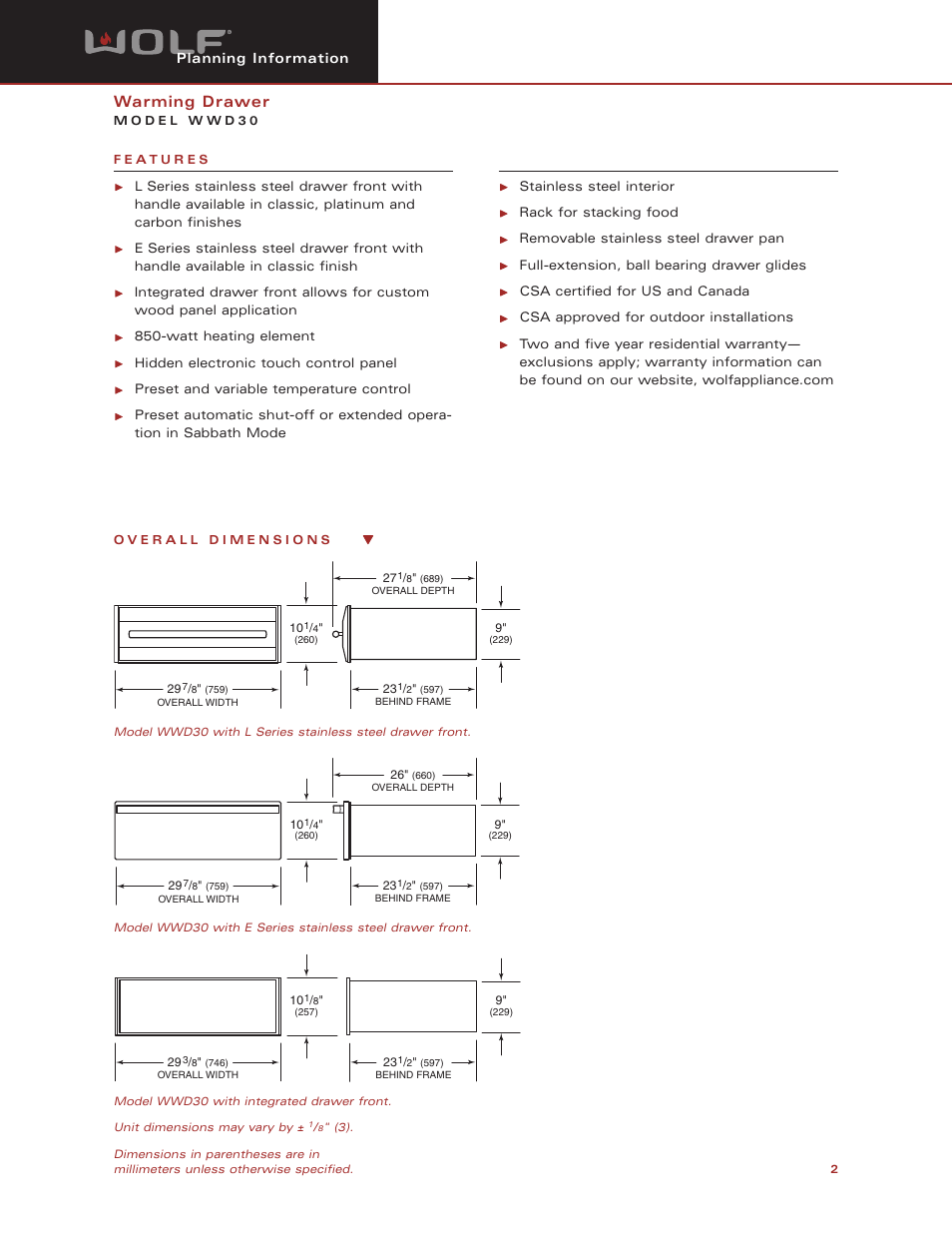Warming drawer | Wolf Appliance Company WWD30 User Manual | Page 2 / 11