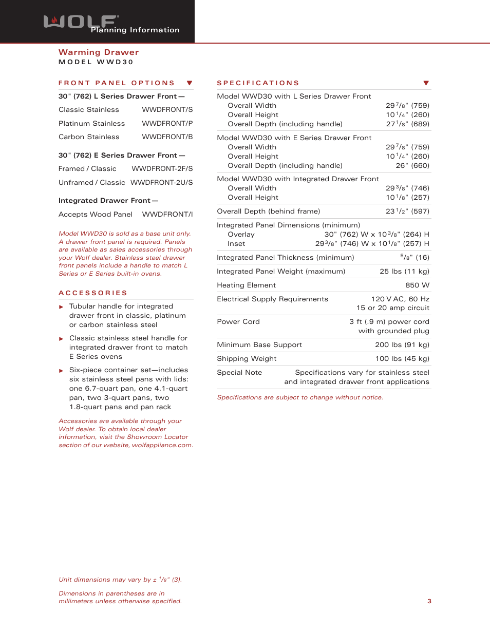 Wolf Appliance Company WWD30 User Manual | Page 3 / 11