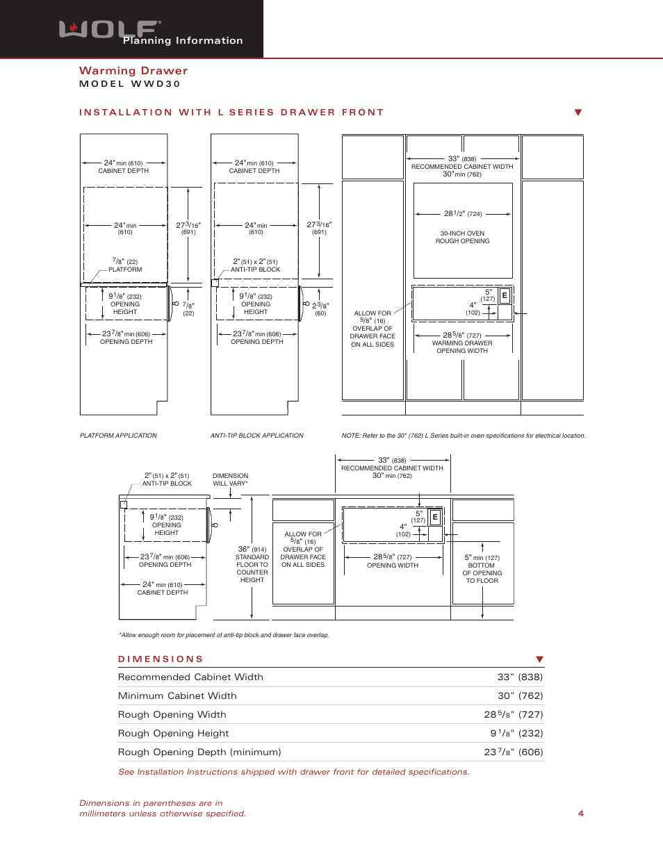 Warming drawer, Planning information | Wolf Appliance Company WWD30 User Manual | Page 4 / 11