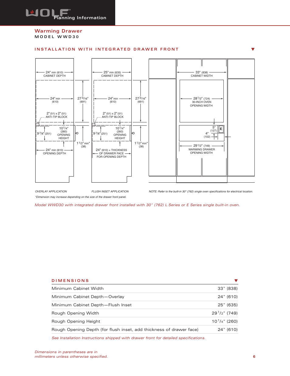 Warming drawer, Planning information | Wolf Appliance Company WWD30 User Manual | Page 6 / 11